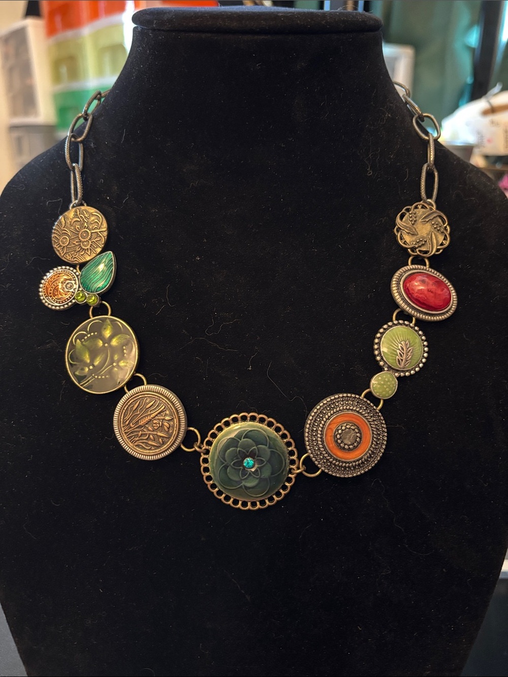 Boho Multi-Button Statement Necklace - Green & Orange Accents